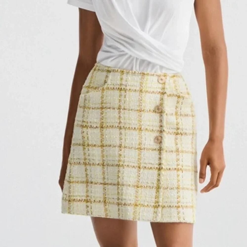 CAbi Coco Tailored Plaid Yellow White Tweed Mini Skirt Style # 6362‎ Women's 8